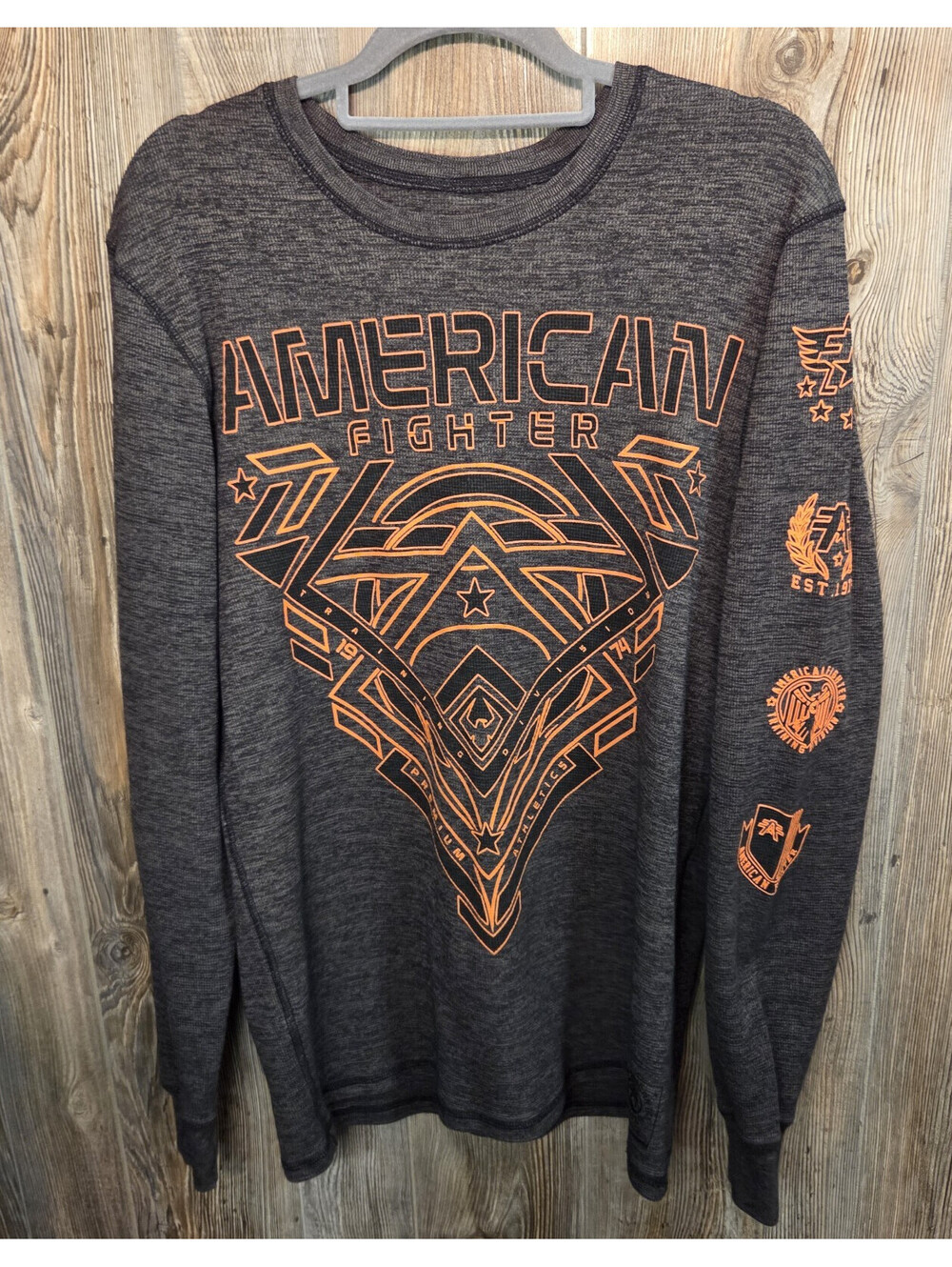American Fighter L/S Waffle Knit Thermal Shirt Top Size XL Gray & Orange Buckle
